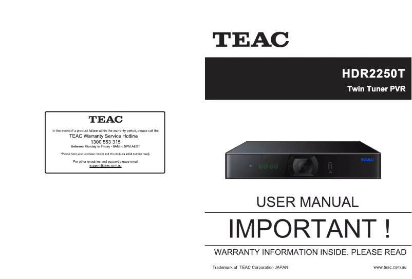 Page 1 de la notice Manuel utilisateur Teac HDR2250T