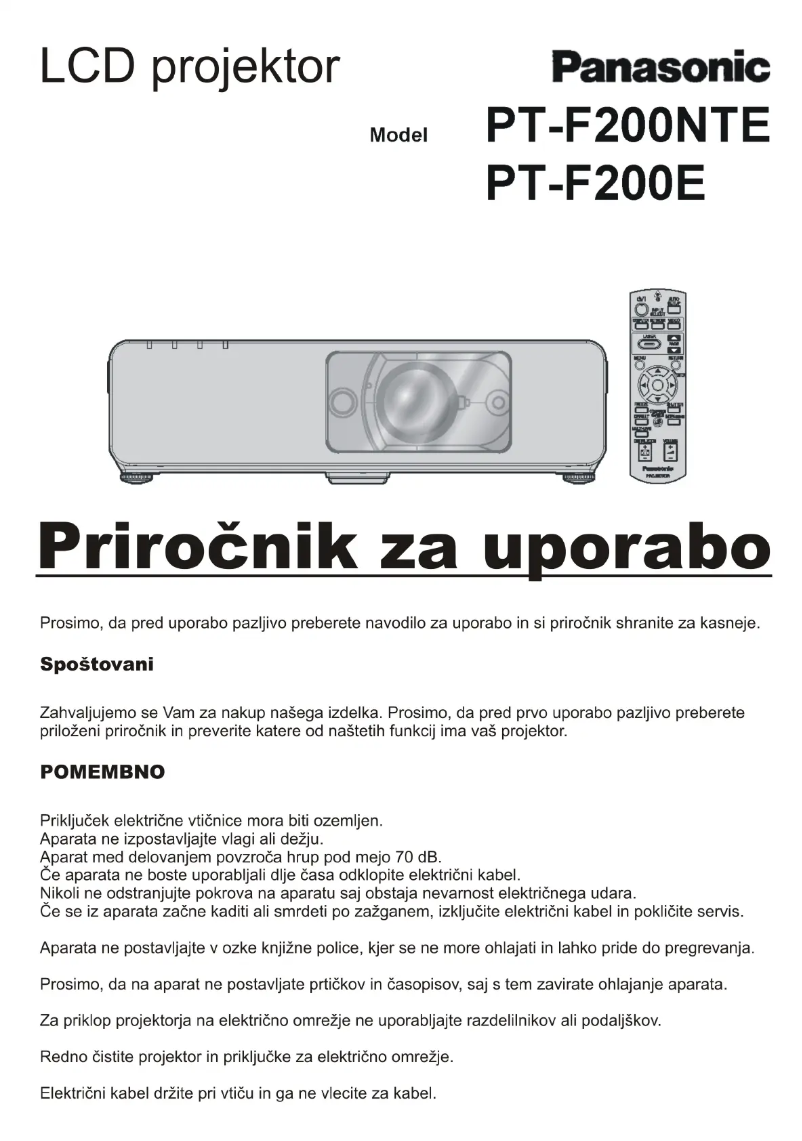 Page 1 of the manual User Manual Panasonic PT-F200NTE