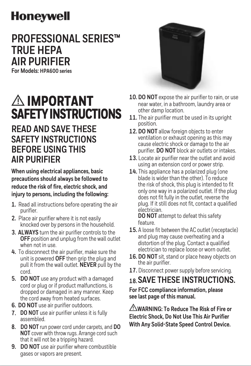 Page 1 de la notice Manuel utilisateur Honeywell HPA600B