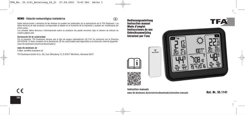 Page 1 de la notice Manuel utilisateur TFA 35.1141