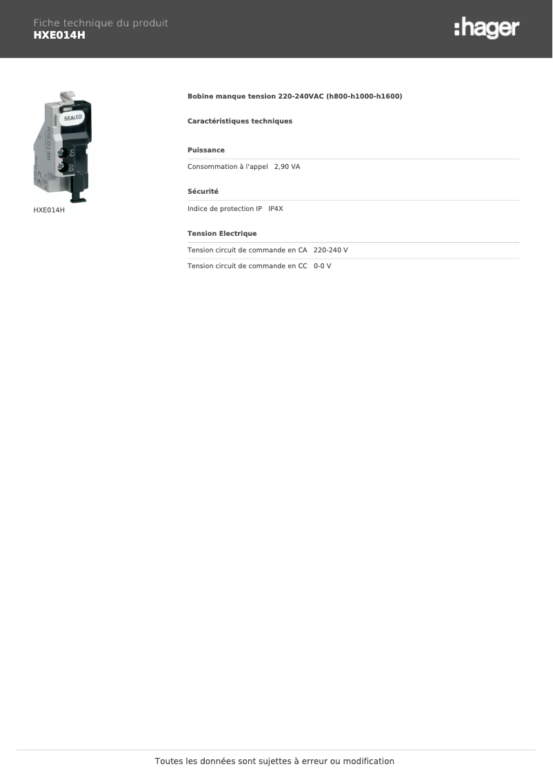 Page 1 of the manual Technical Sheet Hager HXE014H