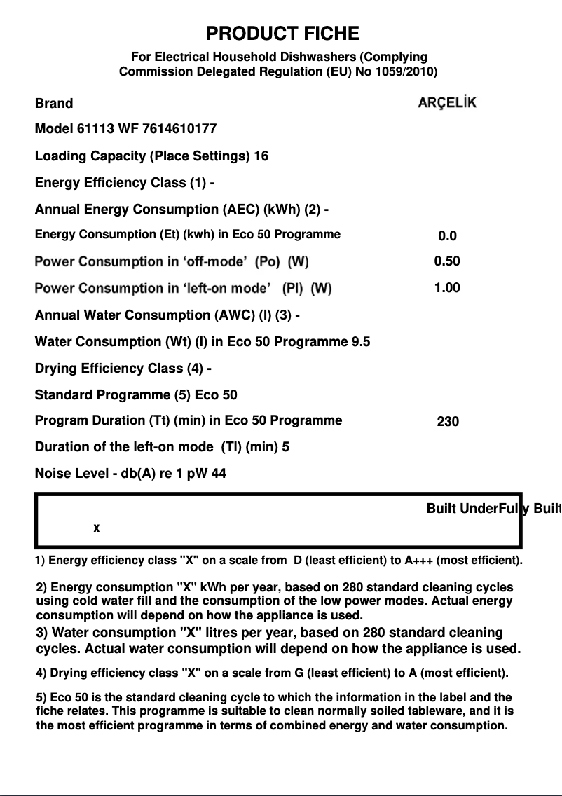 Page 1 de la notice Fiche technique Arçelik 61113 WF