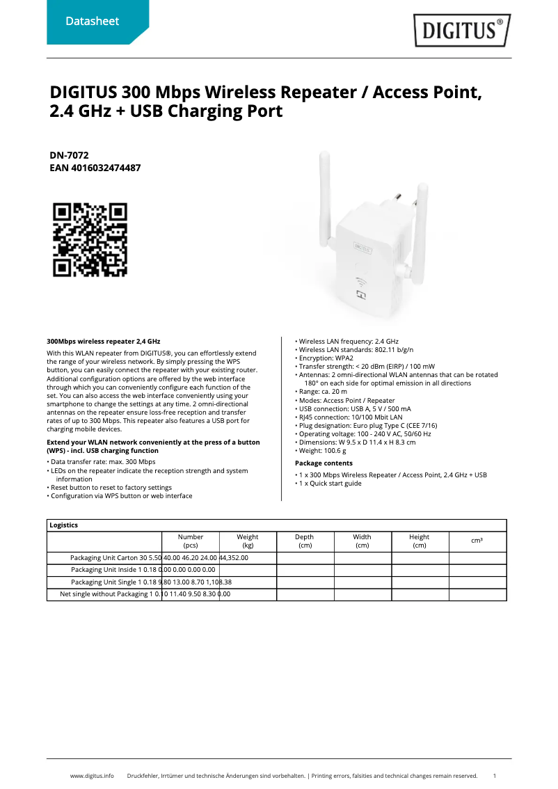 Page 1 de la notice Fiche technique Digitus DN-7072
