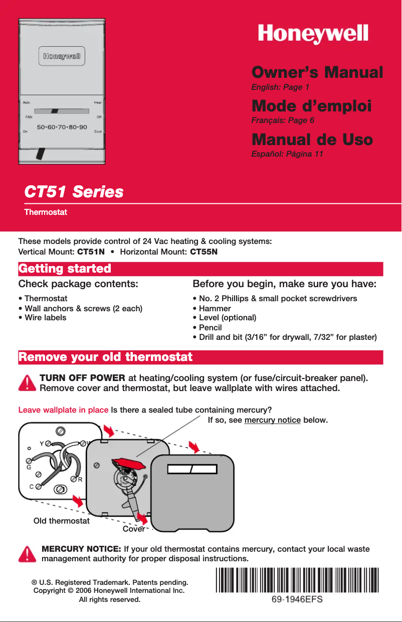 Page 1 de la notice Manuel utilisateur Honeywell CT51