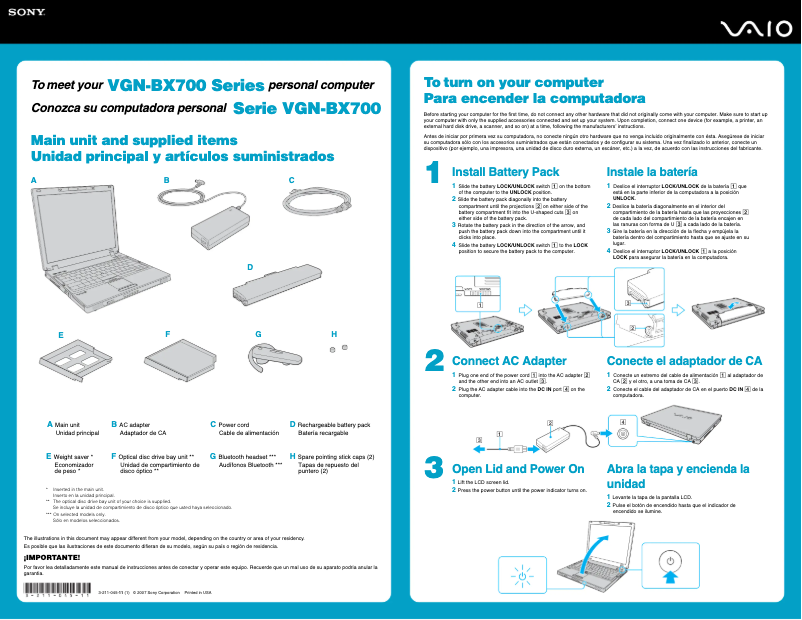 Page 1 de la notice Guide d'installation Sony Vaio VGN-BX740N