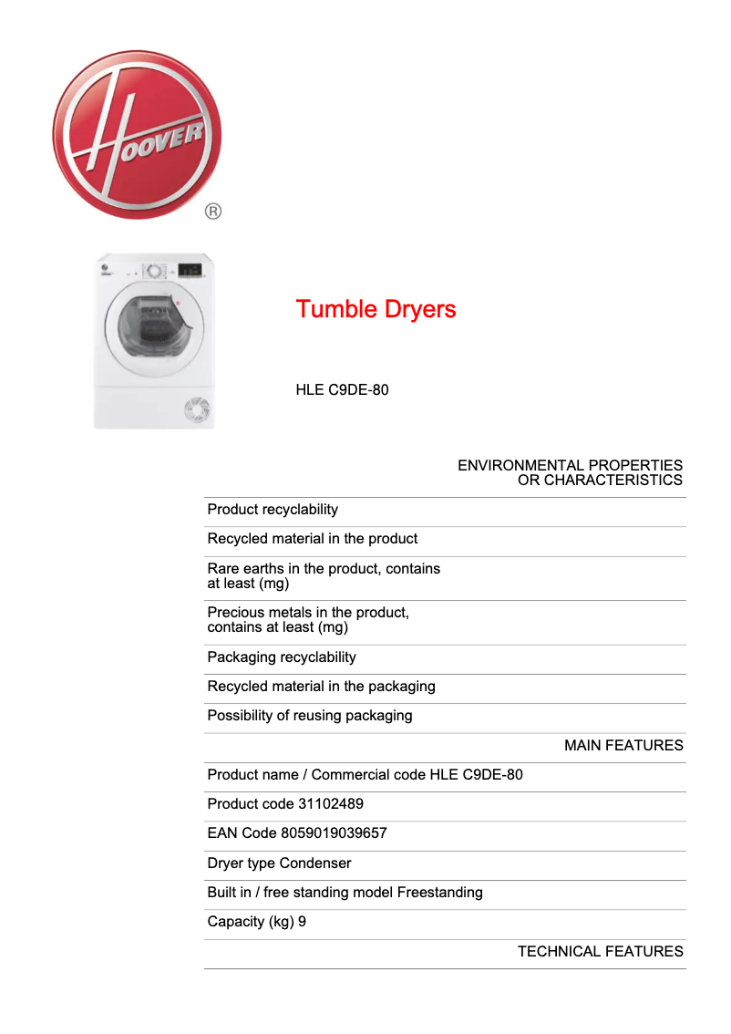 Página 1 del manual Ficha técnica Hoover HLE C9DE-80