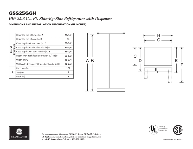 Page 1 de la notice Fiche technique GE GSS25GSHSS