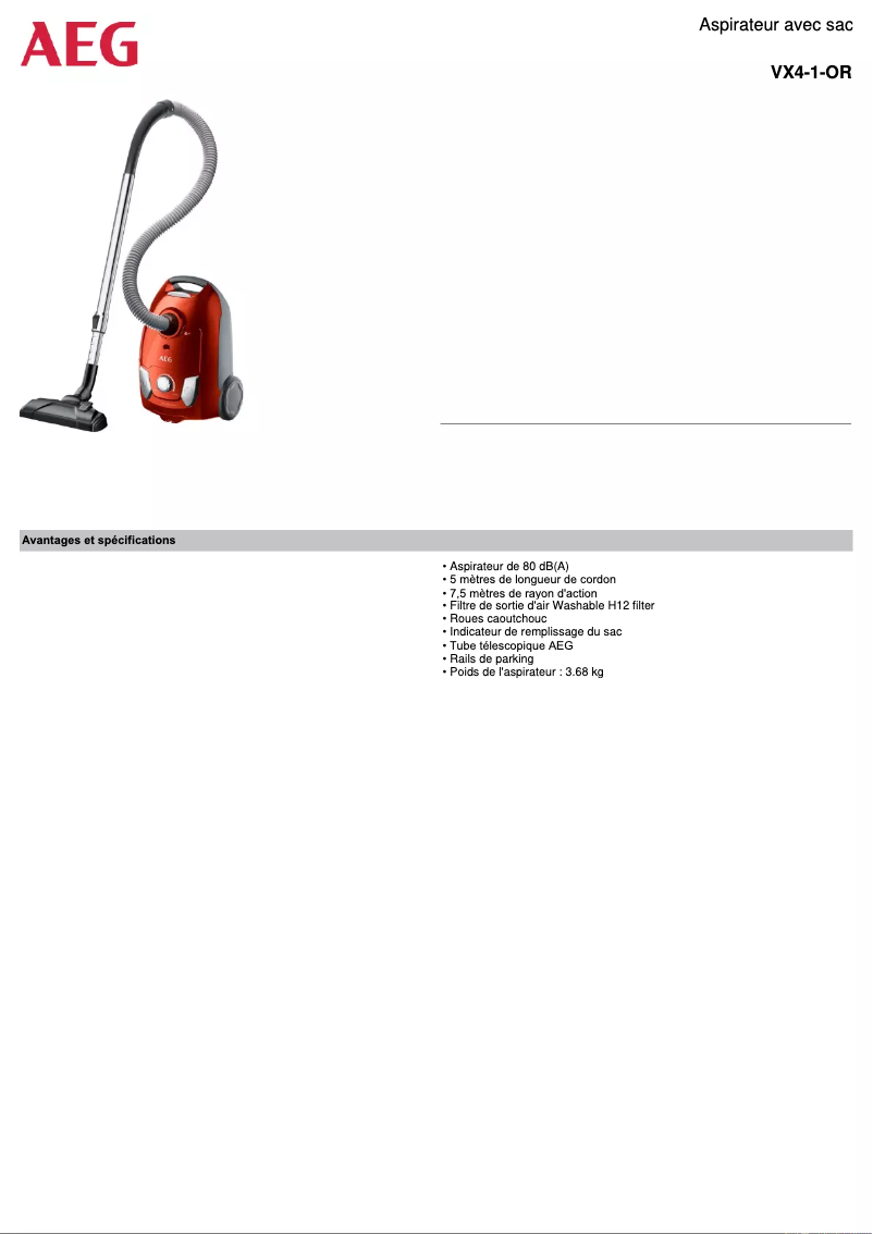 Página 1 del manual Ficha técnica AEG VX4