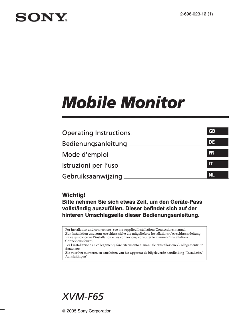 Page 1 de la notice Manuel utilisateur Sony XVM-F65