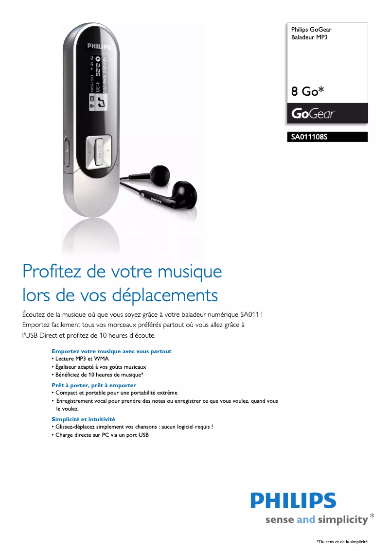Page 1 de la notice Fiche technique Philips GoGear SA011108S