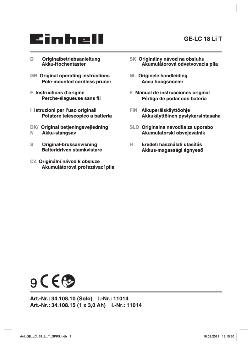 Page 1 de la notice Manuel utilisateur Einhell GE-LC 18 Li T Kit