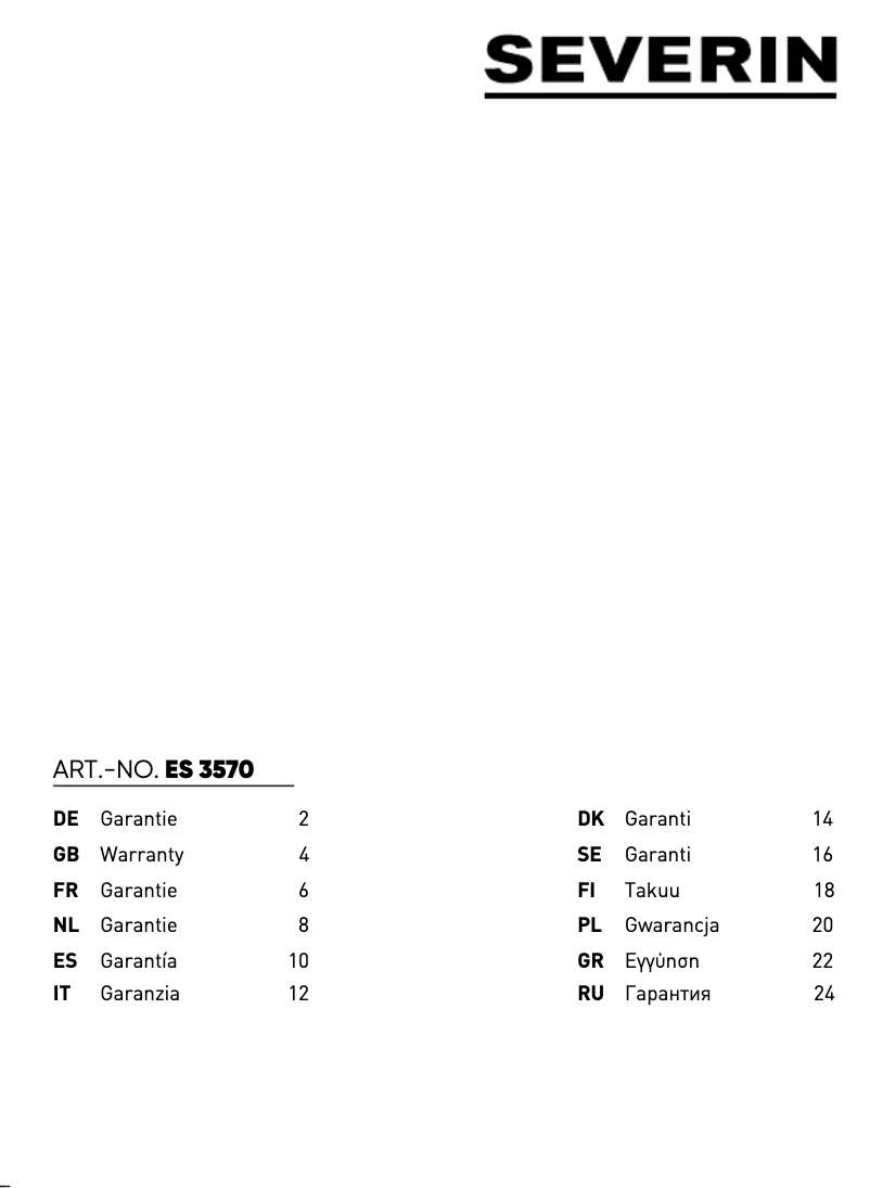 Page 1 de la notice Informations de garantie Severin GB 8881