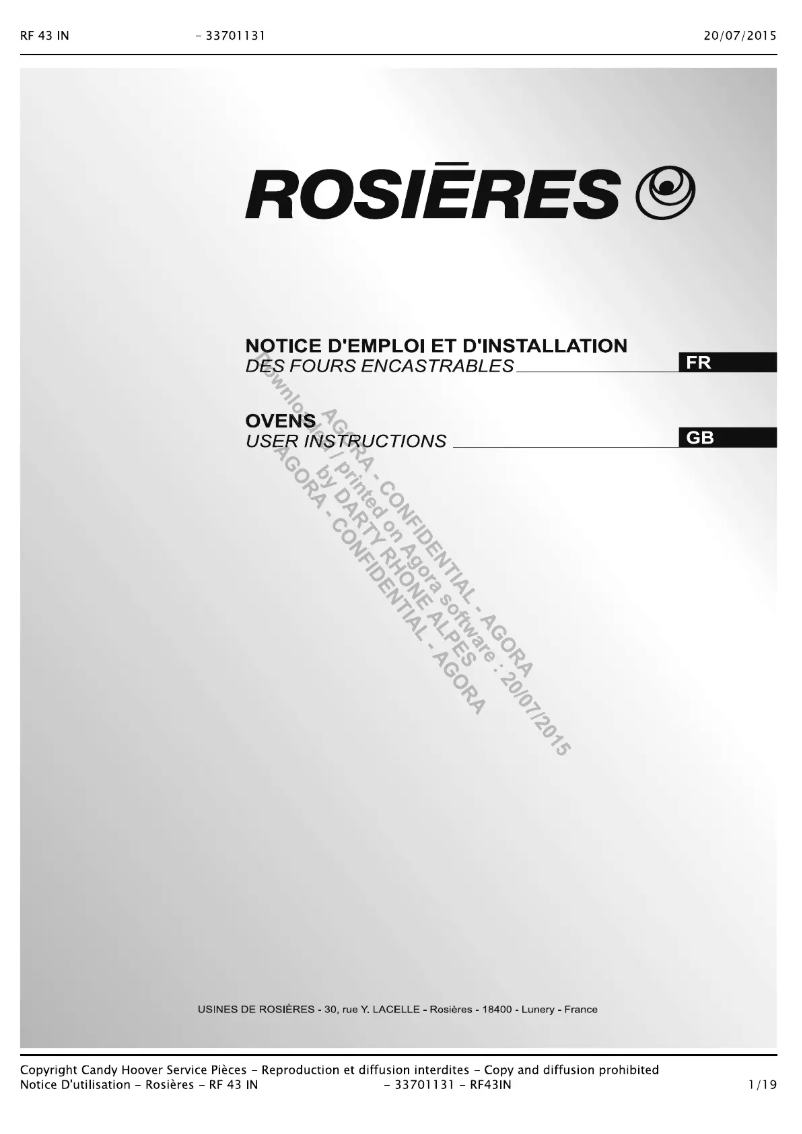 Page 1 de la notice Manuel utilisateur Rosieres RF 43IN