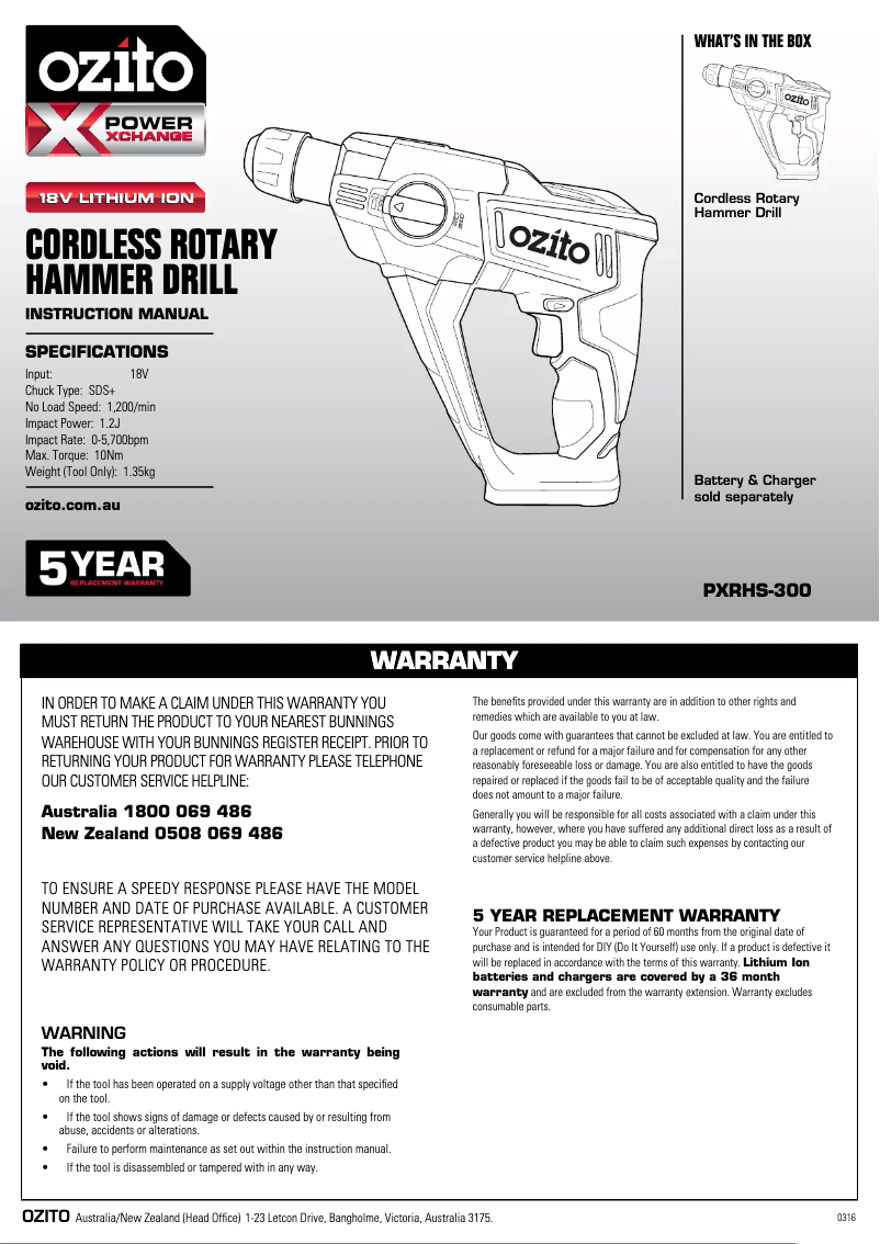Page 1 de la notice Manuel utilisateur Ozito PXRHK-200