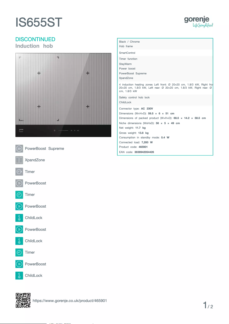 Page 1 de la notice Fiche technique Gorenje IS655ST