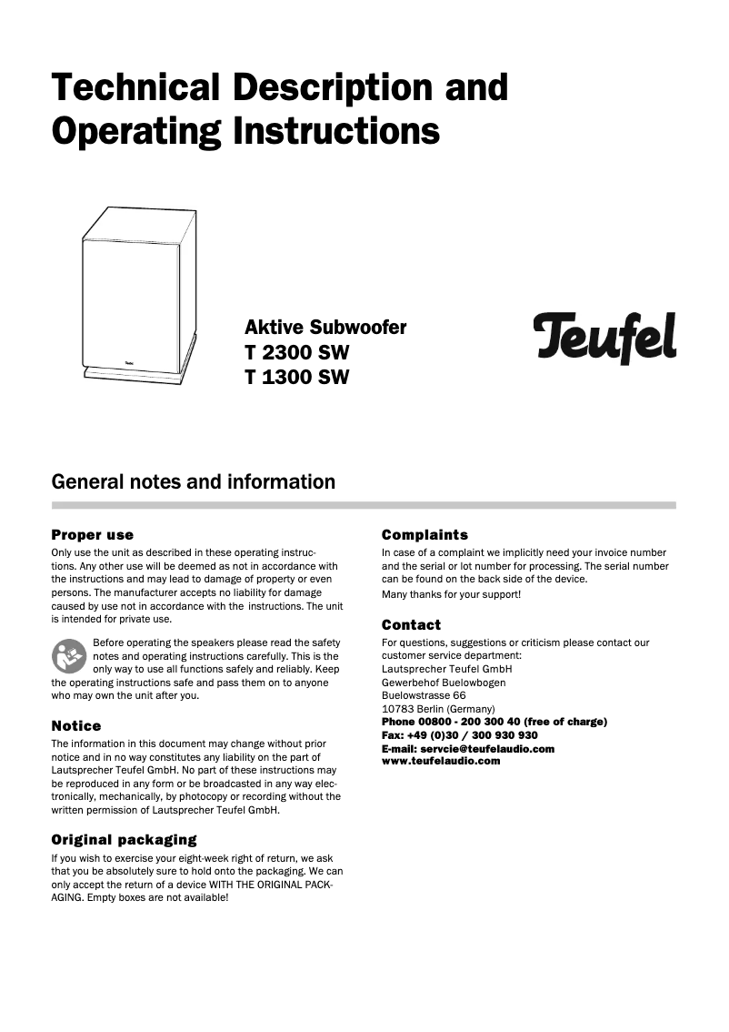 Page 1 de la notice Manuel utilisateur Teufel T 1300 SW