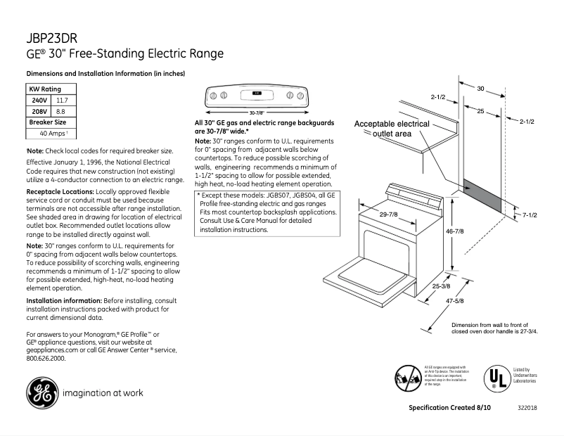 Página 1 del manual Ficha técnica GE JBP23DRWW