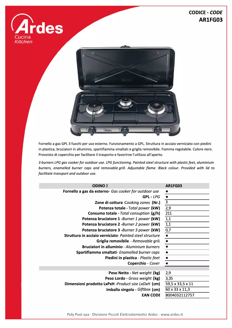 Page 1 de la notice Fiche technique Ardes AR1FG03