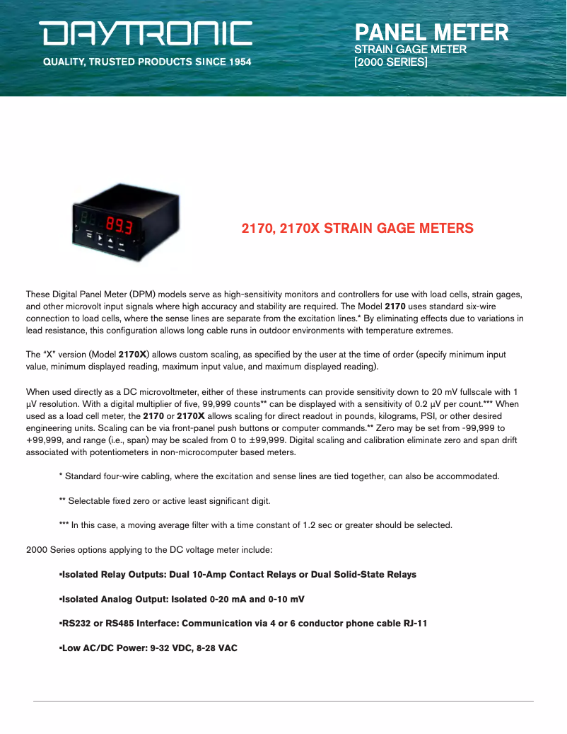Page 1 of the manual Technical Sheet Daytronic 2170X