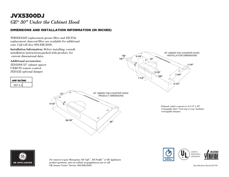 Page 1 de la notice Fiche technique GE JVX5300DJBB