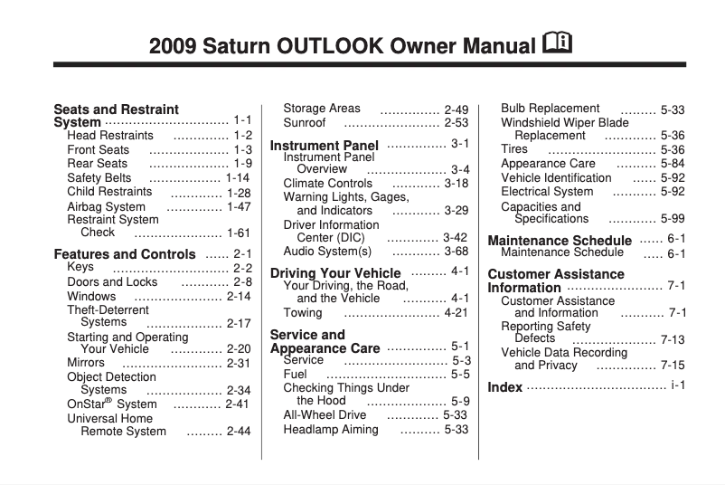 Page 1 de la notice Manuel utilisateur Saturn Sky (2009)