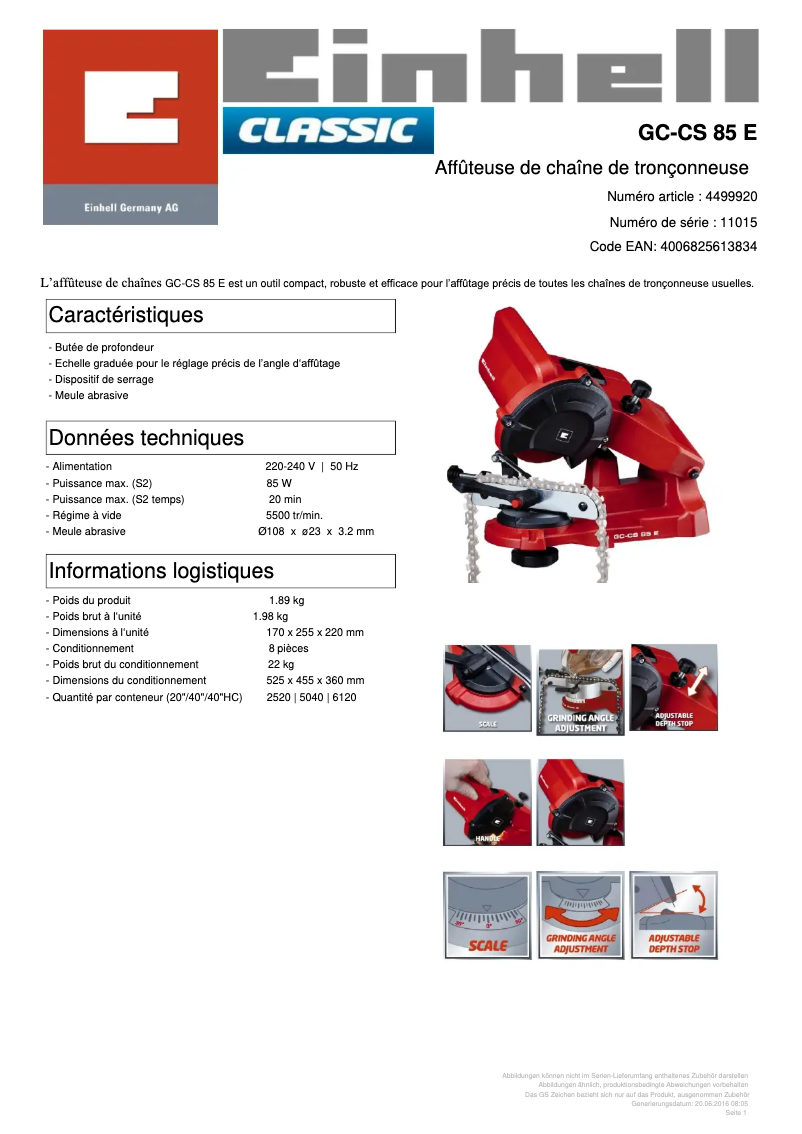 Page 1 de la notice Fiche technique Einhell GC-CS 85 E