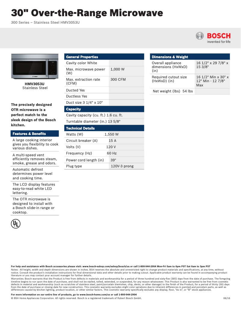 Página 1 del manual Ficha técnica Bosch HMV3053U