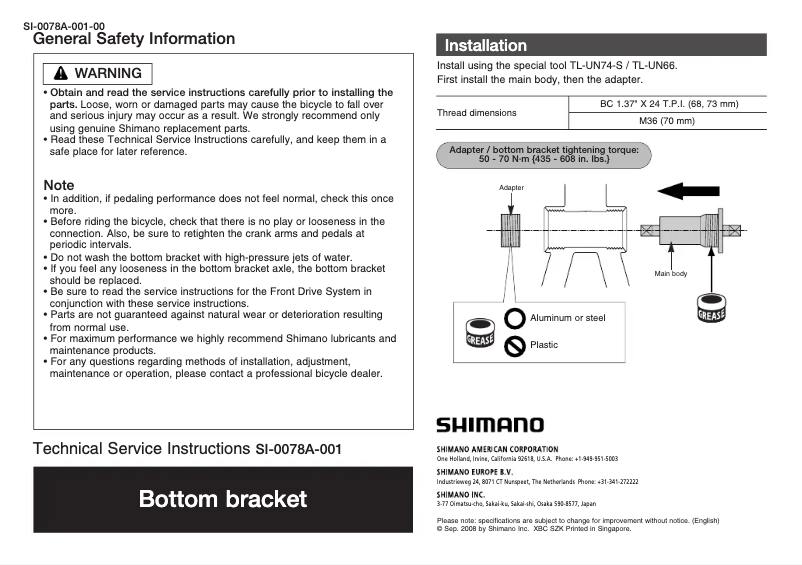 Page 1 of the manual User Manual Shimano BB-UN26
