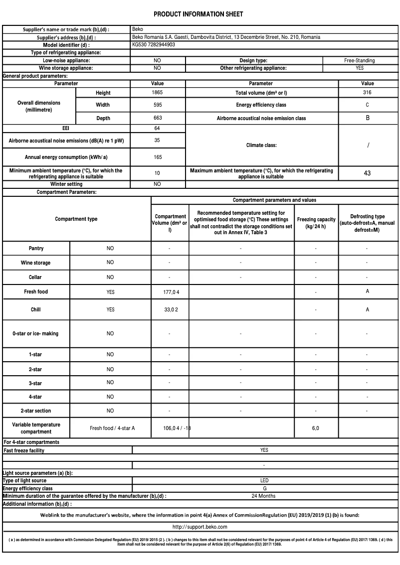 Page 1 de la notice Fiche technique Beko KG530