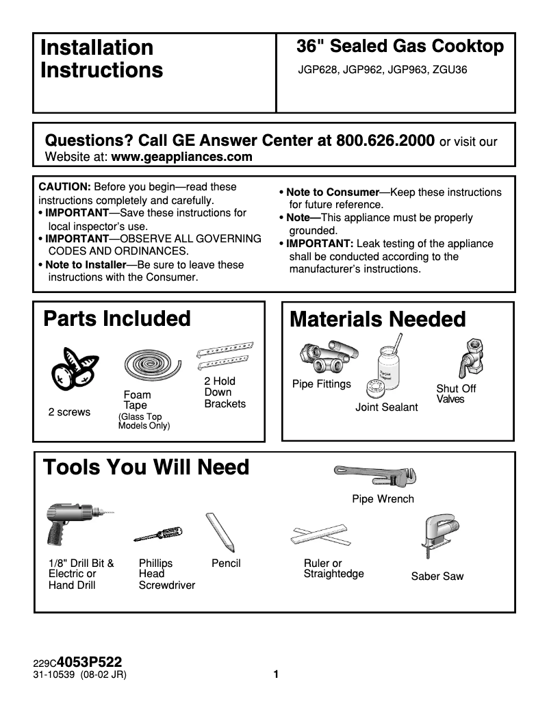 Página 1 del manual Guía de instalación GE ZGU36L4RDSS