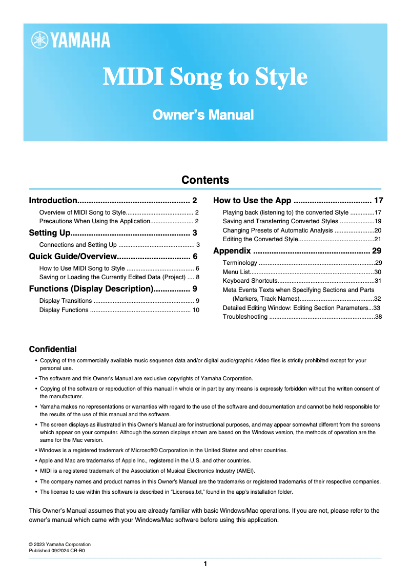 Página 1 del manual Manual de usuario Yamaha MIDI Song to Style