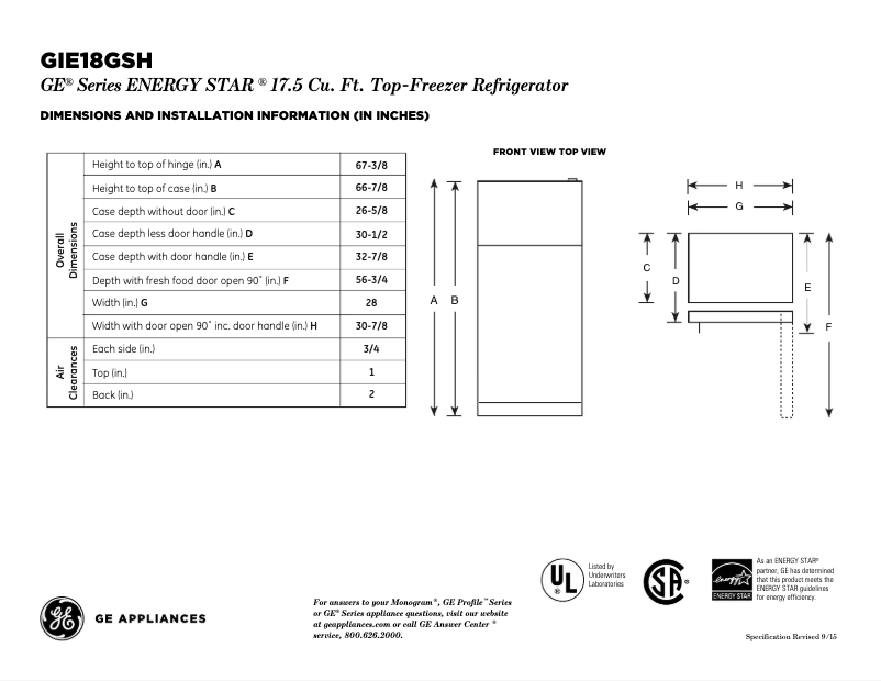 Page 1 de la notice Fiche technique GE GIE18GSHSS