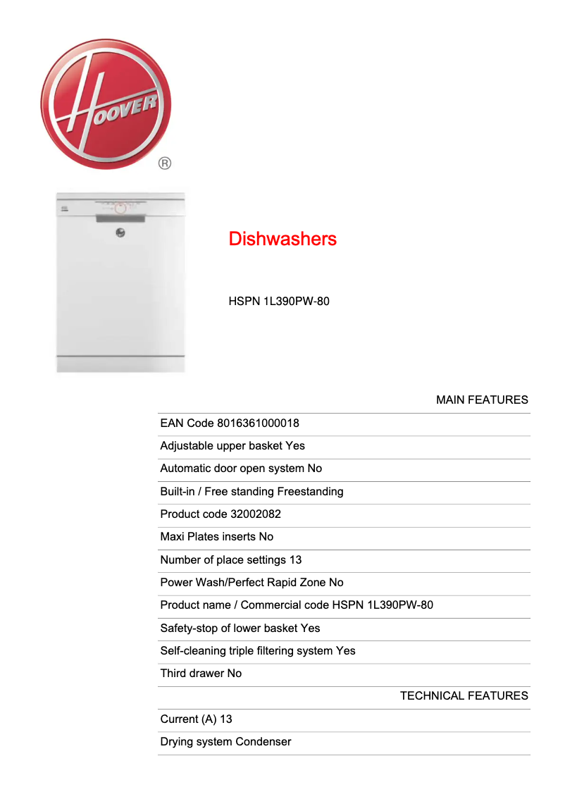 Página 1 del manual Ficha técnica Hoover HSPN 1L390PW-80