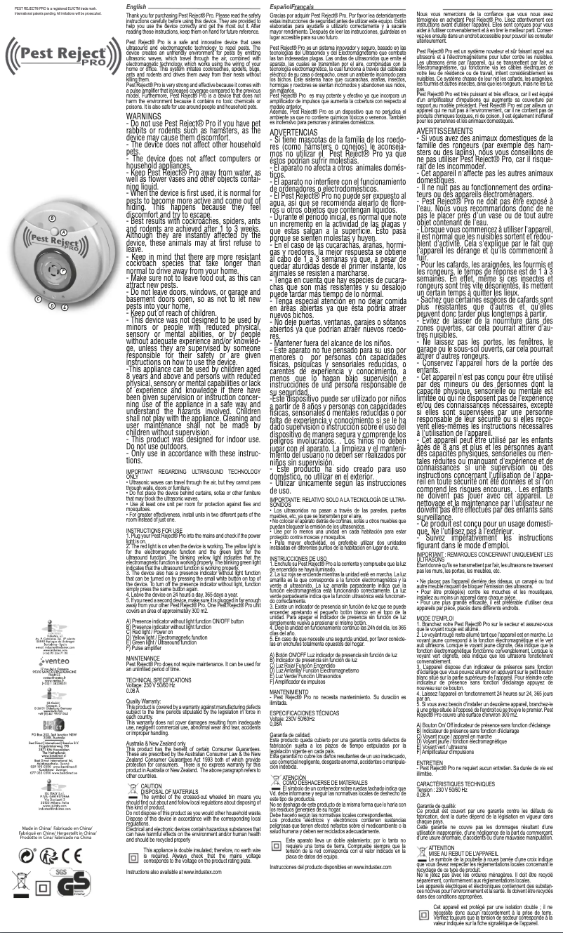 Page 1 de la notice Manuel utilisateur Pest Reject Pro