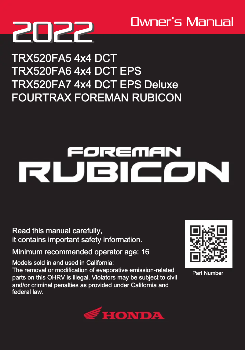 Page 1 de la notice Manuel utilisateur Honda FourTrax Foreman Rubicon TRX520FA (2022)