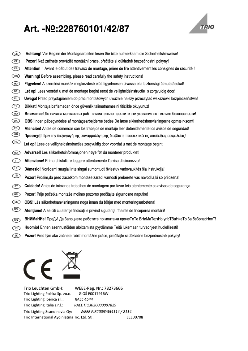 Page 1 de la notice Manuel utilisateur Trio Lighting Trave 228760187
