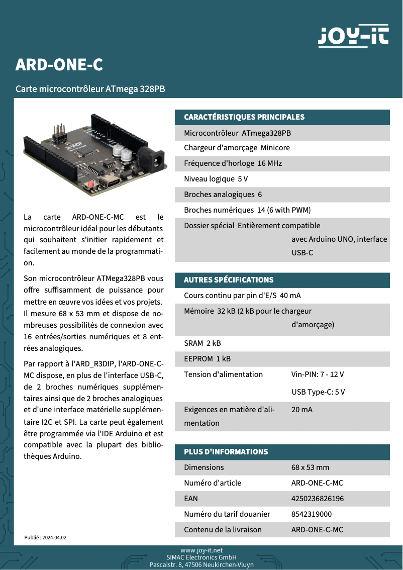 Page 1 de la notice Fiche technique Joy-It ARD-One-C-MC
