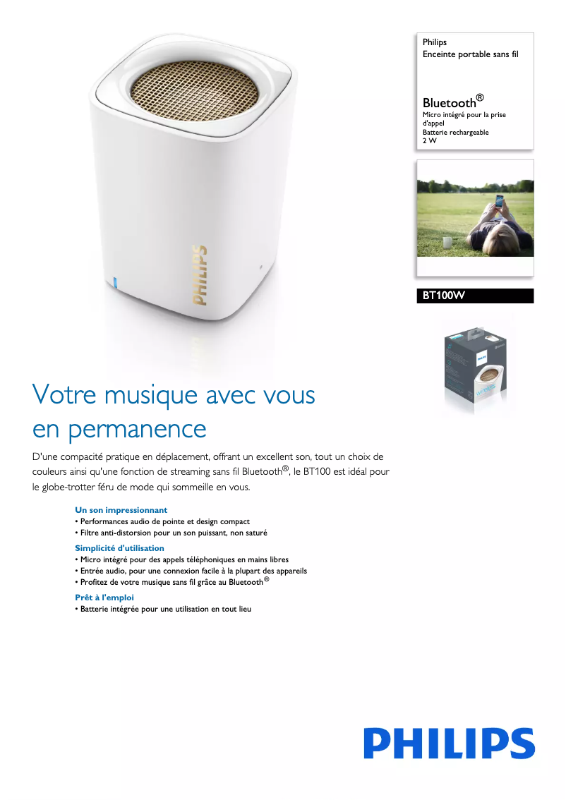 Page 1 de la notice Fiche technique Philips BT100W