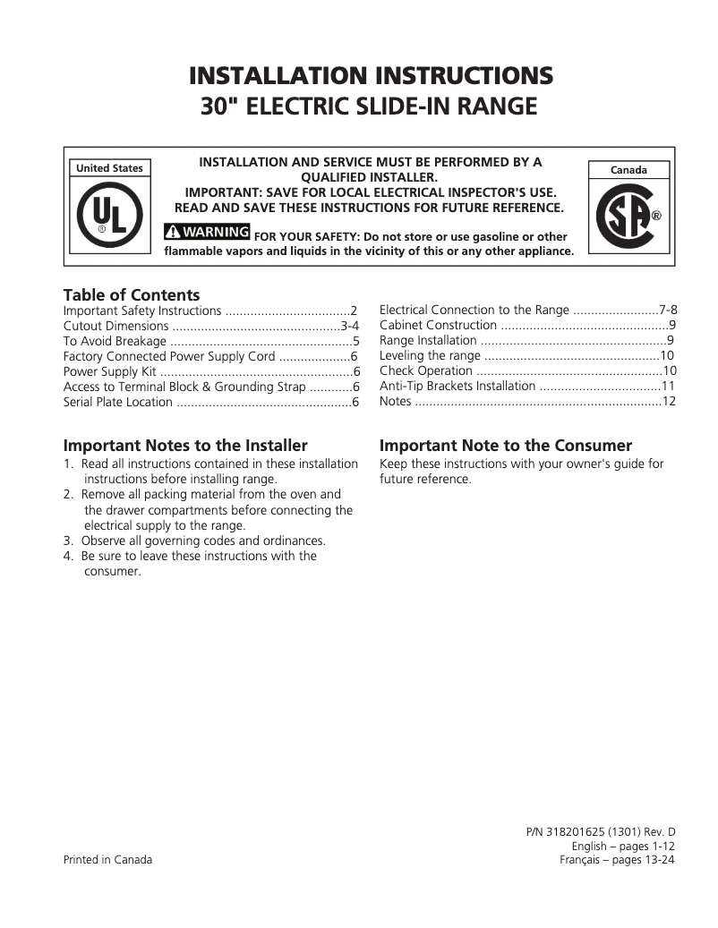 Page 1 de la notice Guide d'installation Frigidaire FFES3005LB