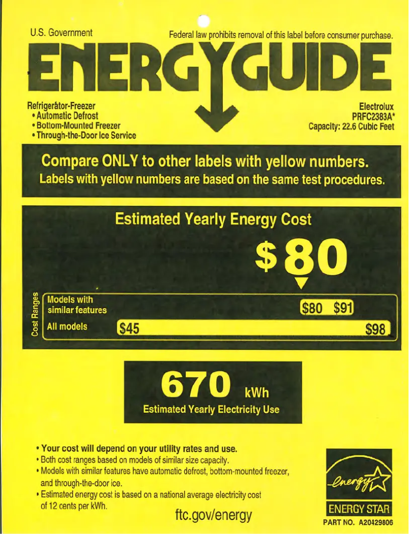 Page 1 de la notice Label énergétique Frigidaire PRFC2383AF