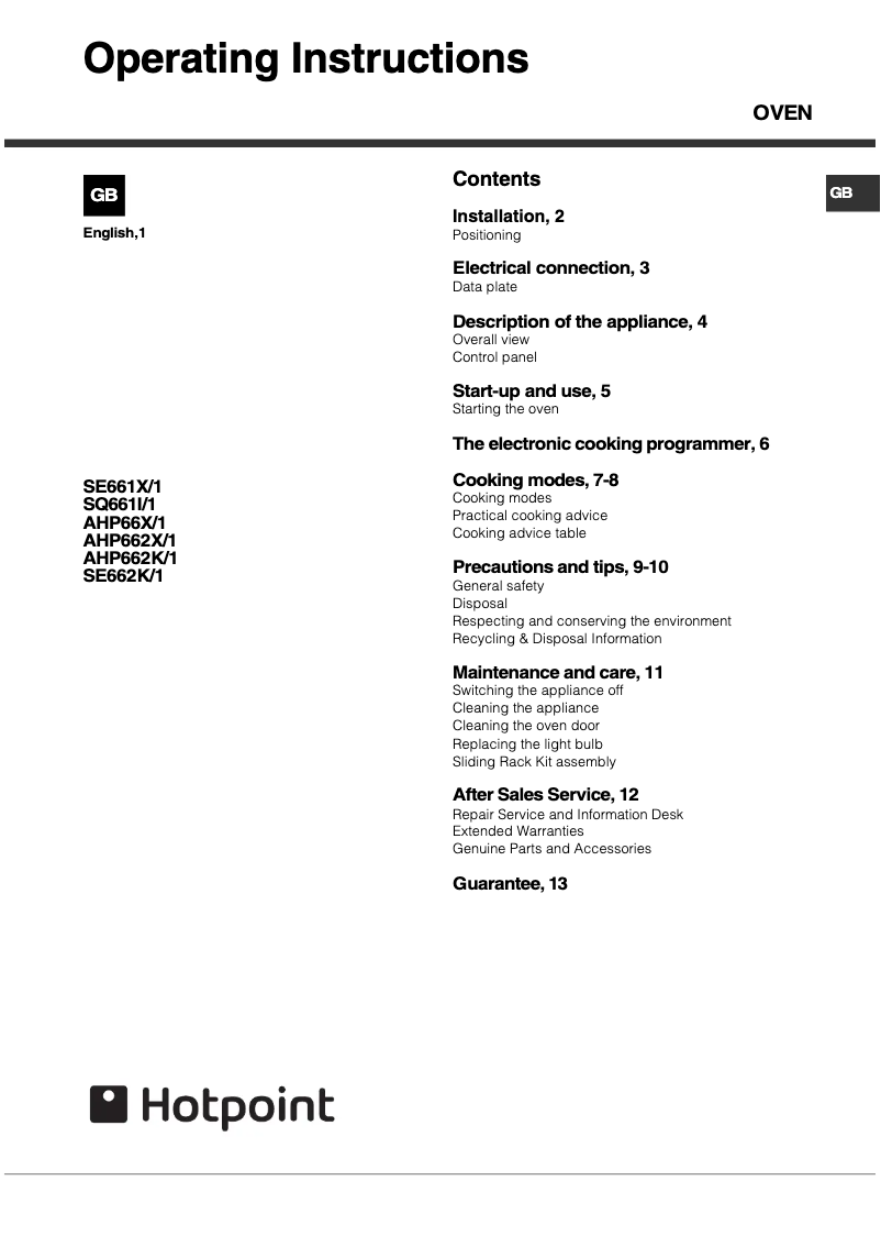 Page 1 de la notice Manuel utilisateur Hotpoint SE662K