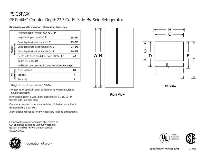 Page n°1 - Fiche technique GE Adora DTS18ICSBB