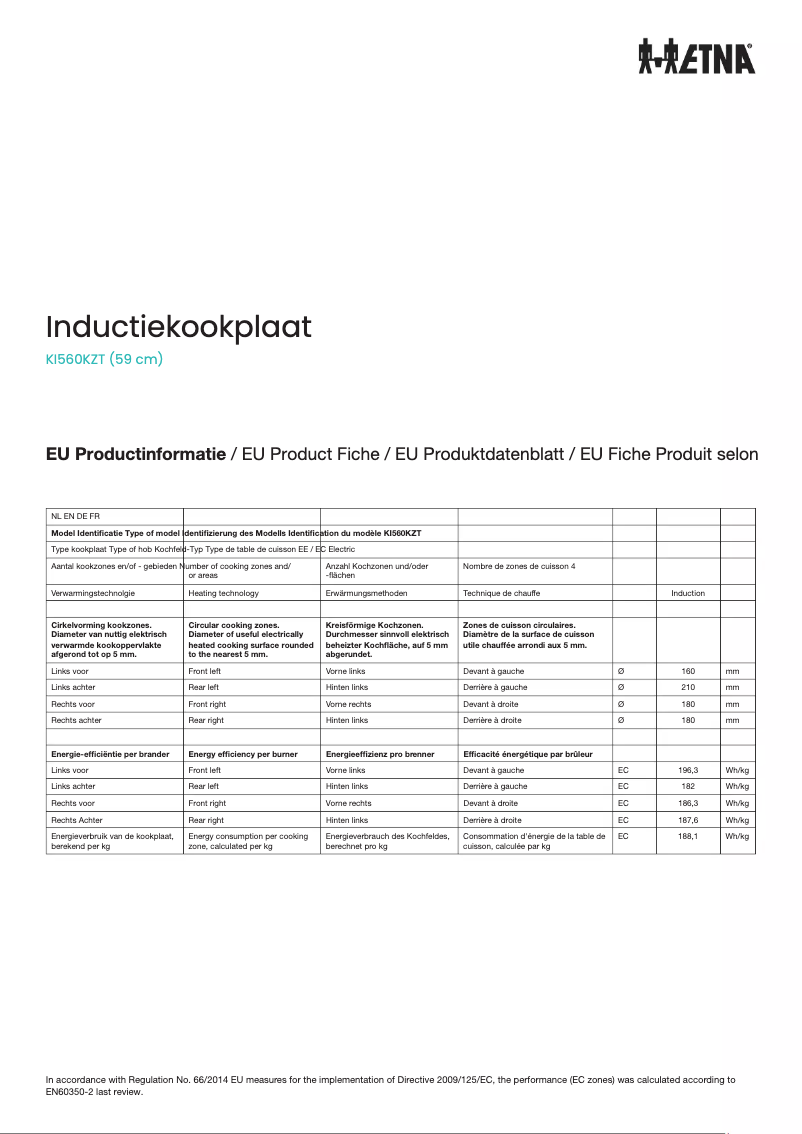 Page 1 de la notice Fiche technique Etna KI560KZT