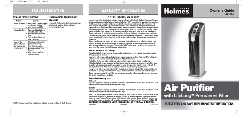 Page 1 de la notice Manuel utilisateur Holmes HAP1200