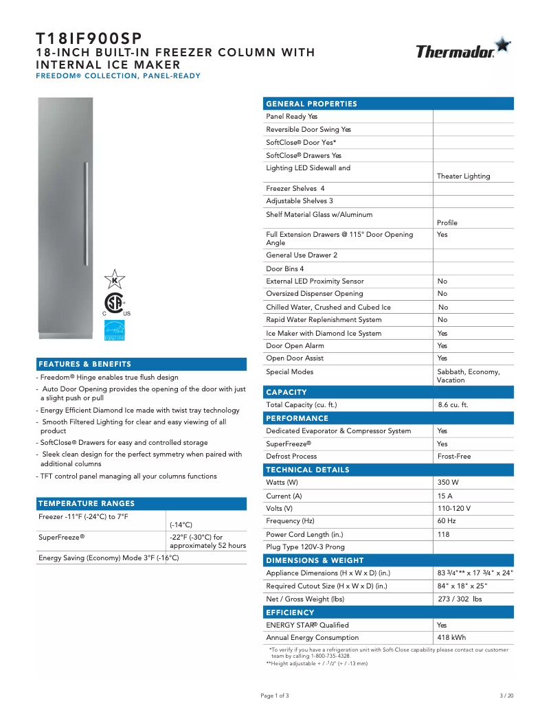Page 1 de la notice Fiche technique Thermador T18IF900SP