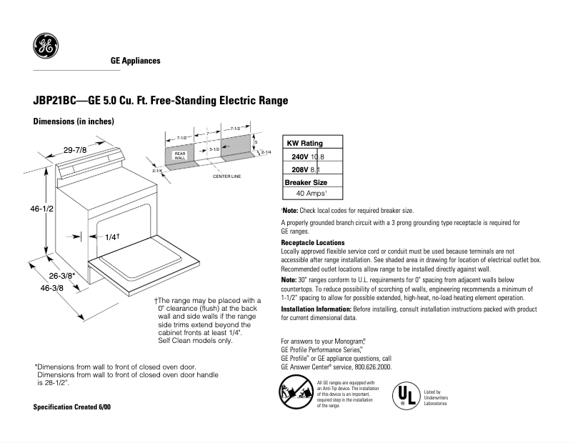 Página 1 del manual Ficha técnica GE JBP21BCCT