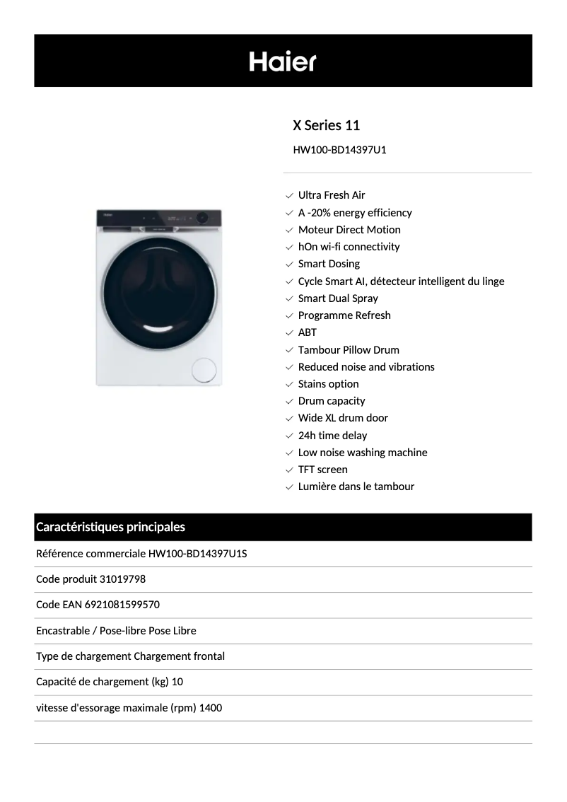 Page 1 de la notice Fiche technique Haier HW100-BD14397U1