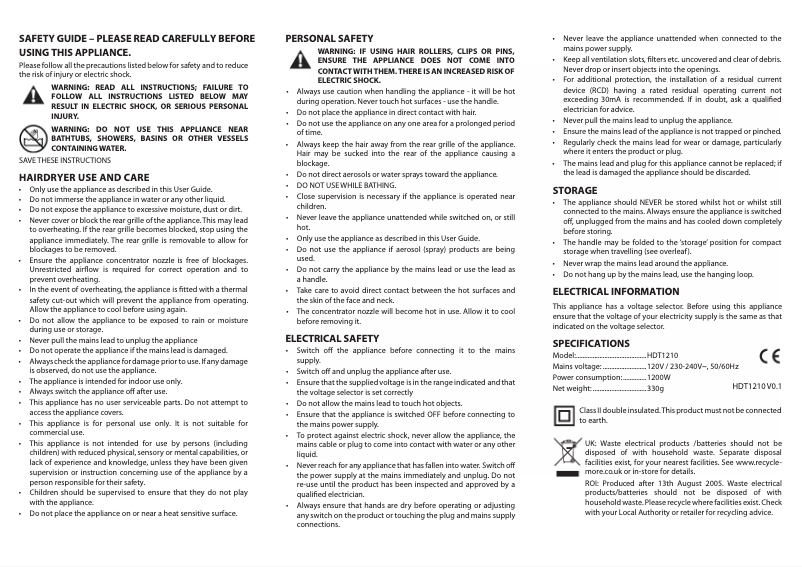 Page 1 de la notice Manuel utilisateur Tesco HDT1210