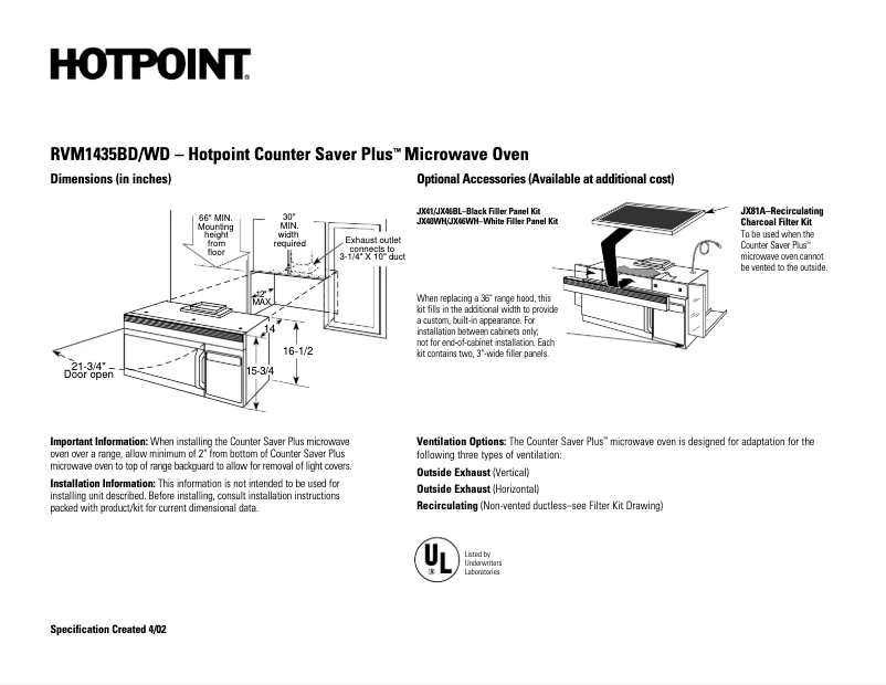 Page 1 de la notice Fiche technique Hotpoint CounterSaver Plus RVM1435BD