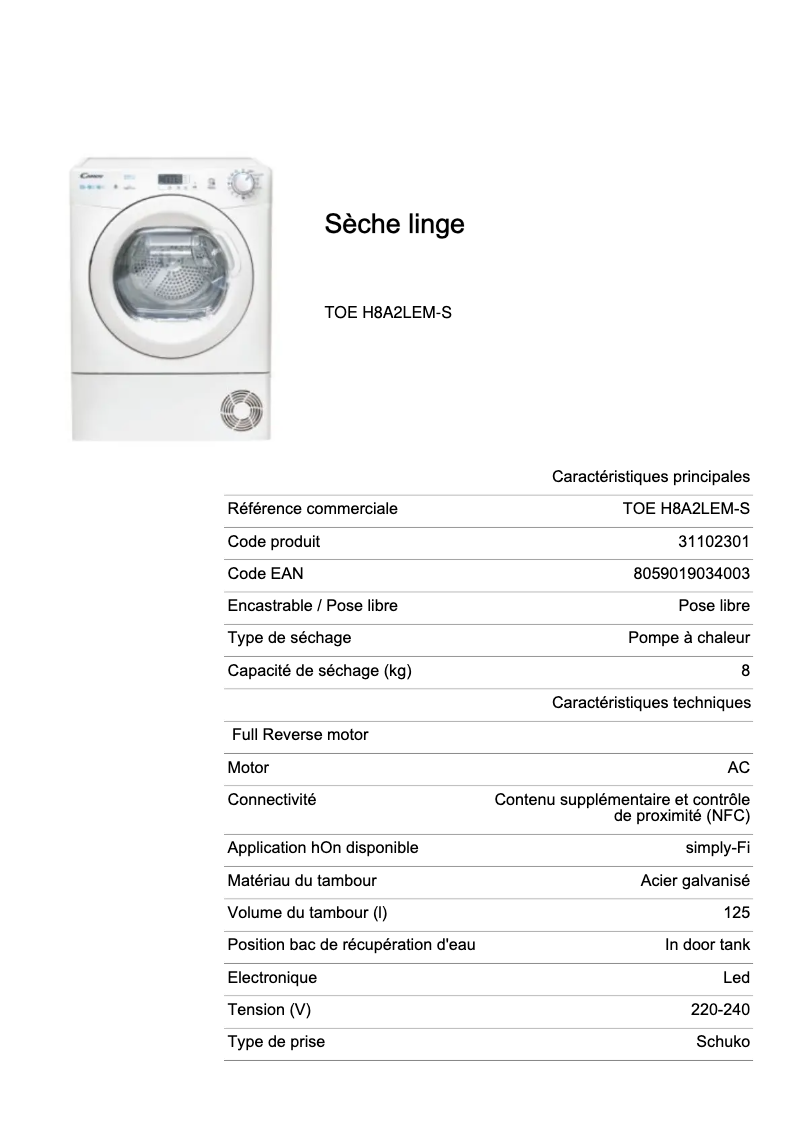 Page 1 de la notice Fiche technique Candy TOE H8A2LEM-S